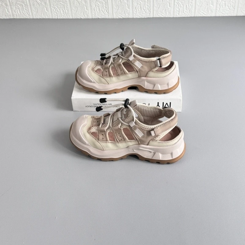 头层牛皮网面透气复古凉鞋女2025夏季新款镂空轻便百搭运动休闲鞋