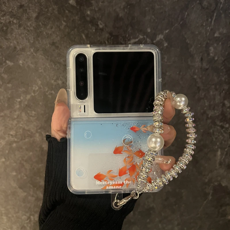 适用华为PuraX典藏版折叠屏新款流沙手机壳创意渐变蓝锦鲤带手链