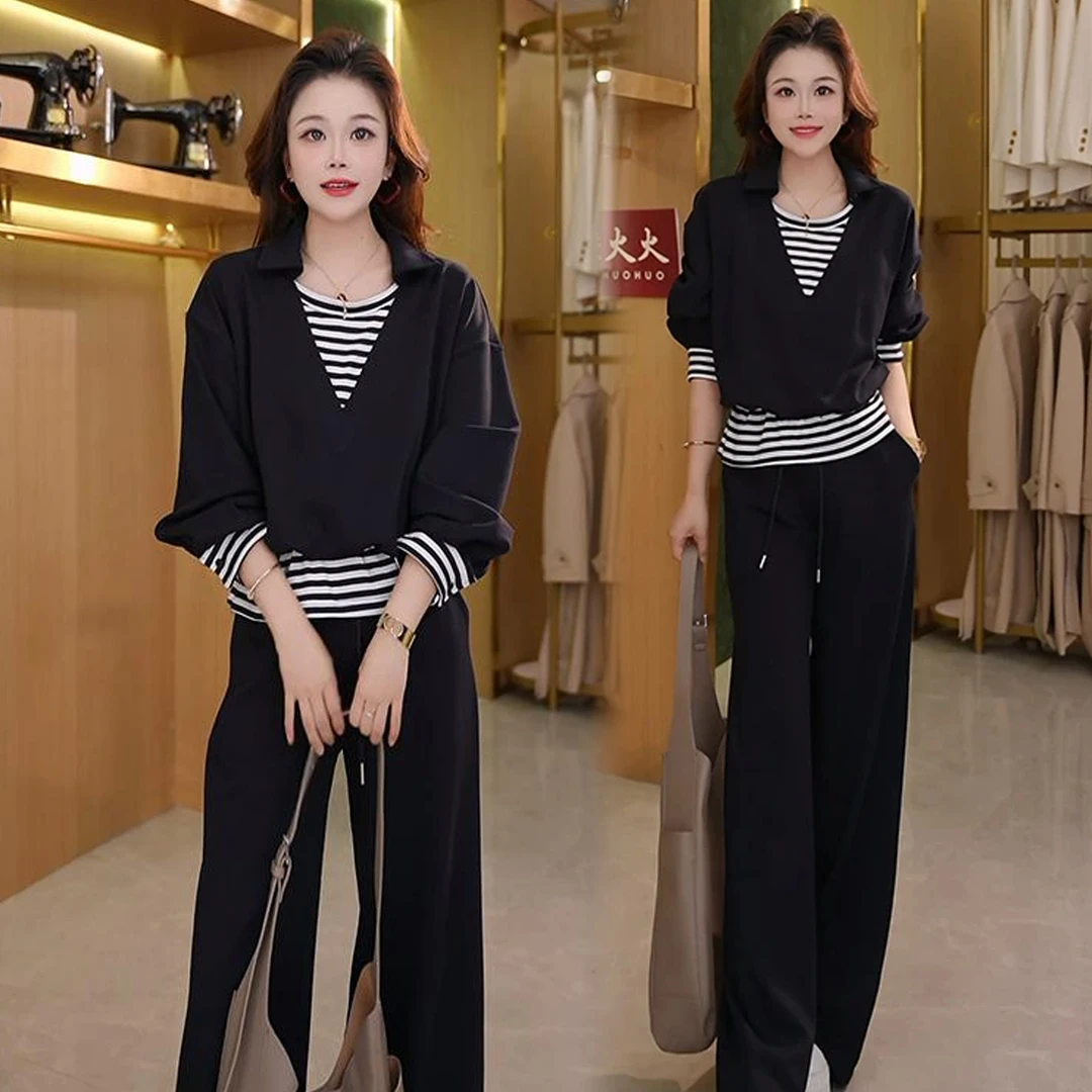时尚套装2025秋季新款女装洋气显瘦减龄条纹拼接卫衣阔腿裤两件套