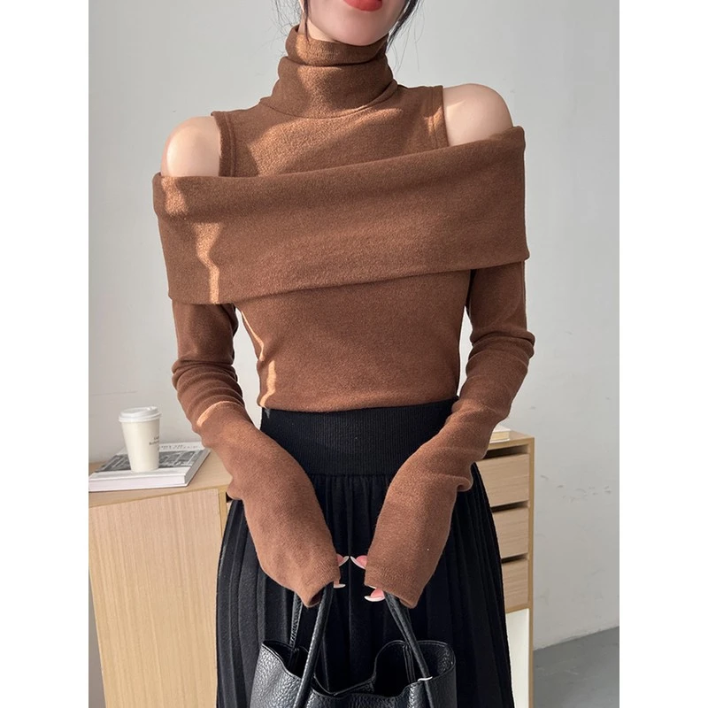 一字肩假两件高领针织打底衫女2025新款春秋法式长袖毛衣内搭上衣