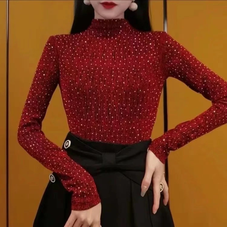 【801满天星】半高领大码烫钻新款内搭时尚网红半高领蕾丝打底衫