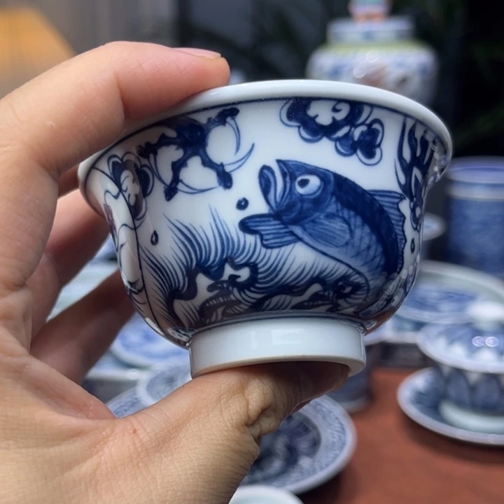 *****摆件景德镇陶瓷青花元压手杯杯