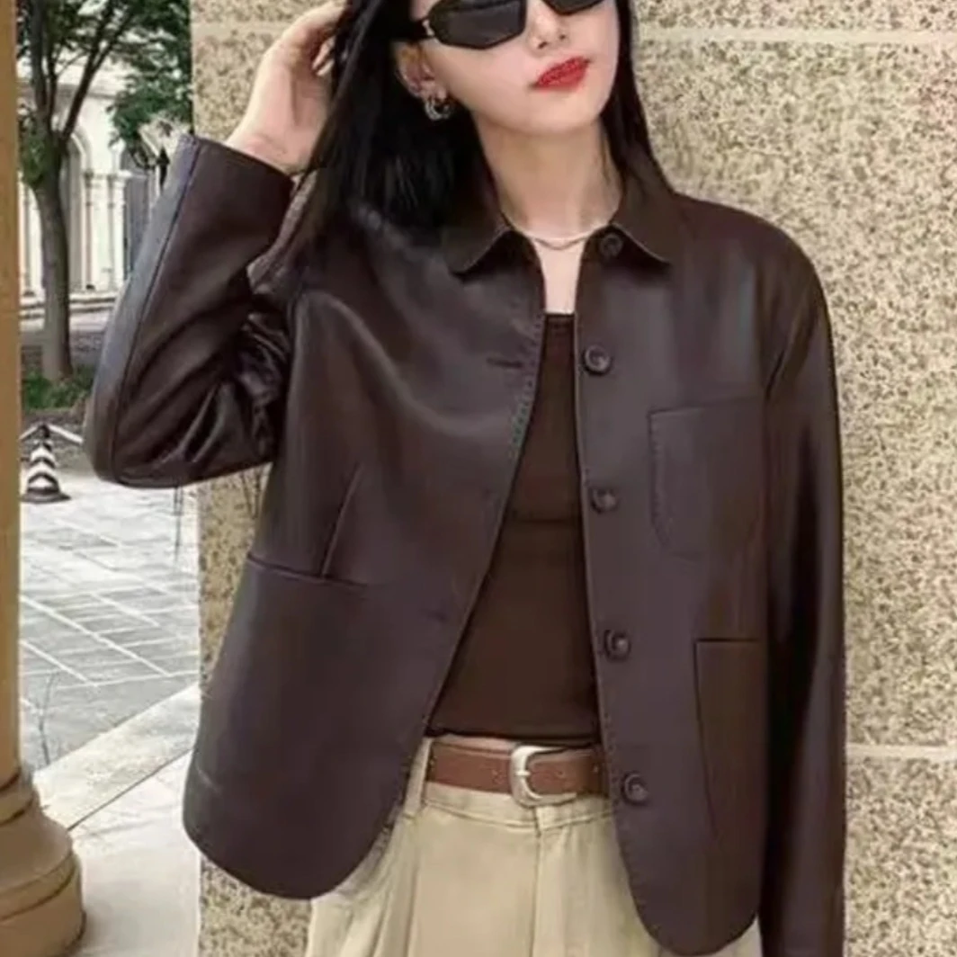 【单里衬】海宁正品短款皮衣女2025秋季新品皮夹克翻领小个子短外套