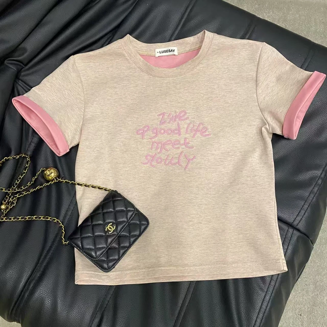 LUSESAY 2025新款字母刺绣 巴黎鸳鸯双色双面短袖T恤女百搭时尚上