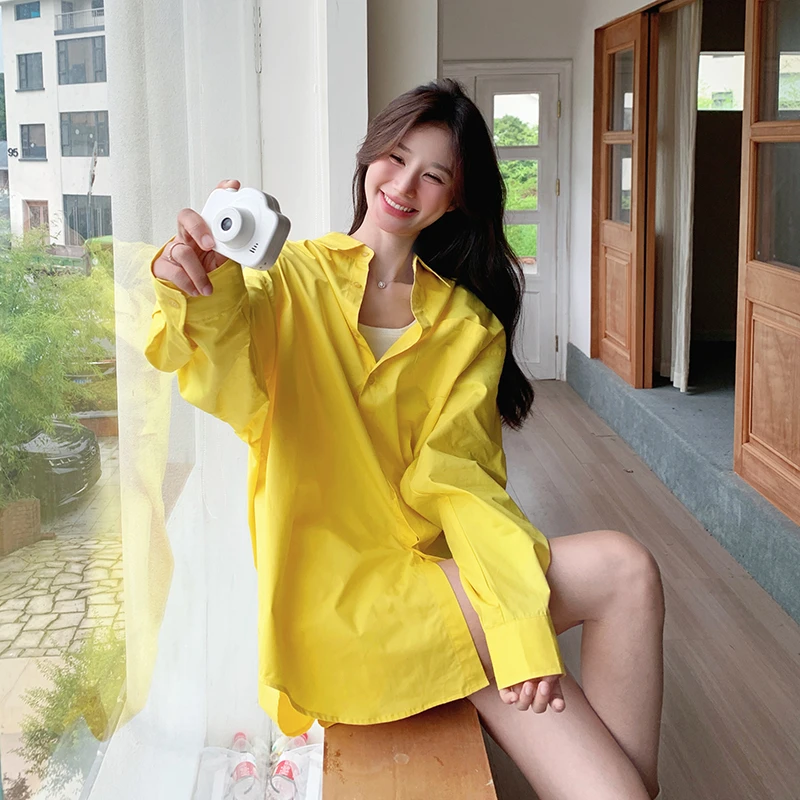 黄色酷飒拽姐休闲套装女春夏2025新款韩版长袖衬衫上衣短裤两件套