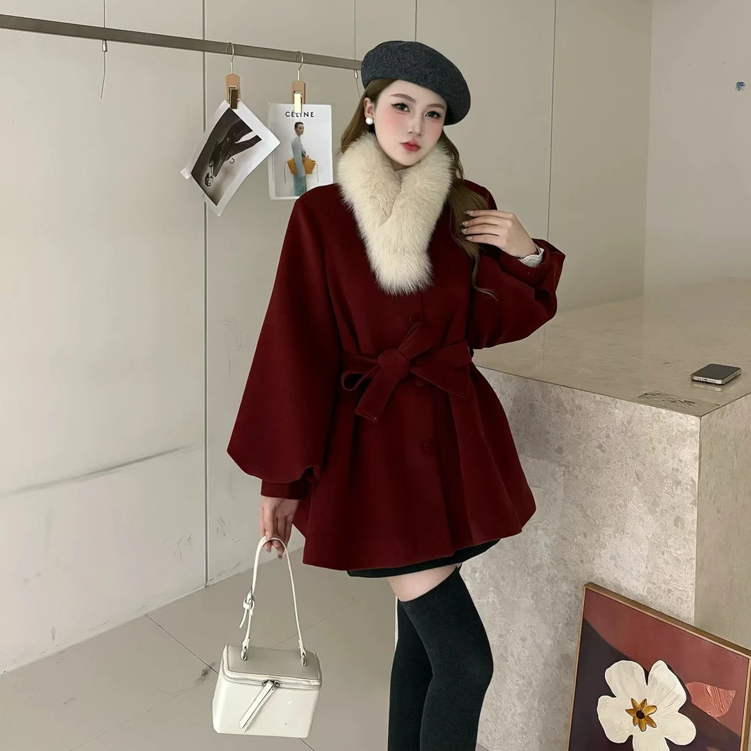 （刘敏服装）5908款千金风毛领白鸭绒收腰气质通勤呢子短外套冬季