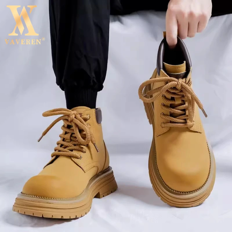 2025秋冬新款英伦风工装靴加绒短靴真皮高帮大黄靴男士真皮马丁靴