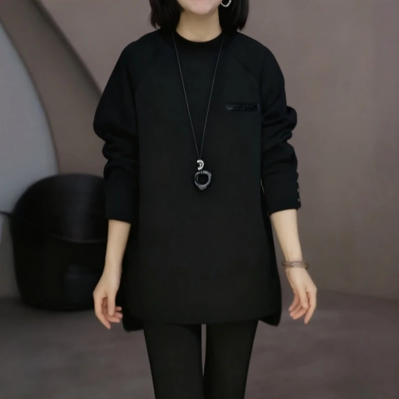 设计感小众加绒加厚中长款卫衣女2025秋冬新款百搭显瘦打底衫上衣