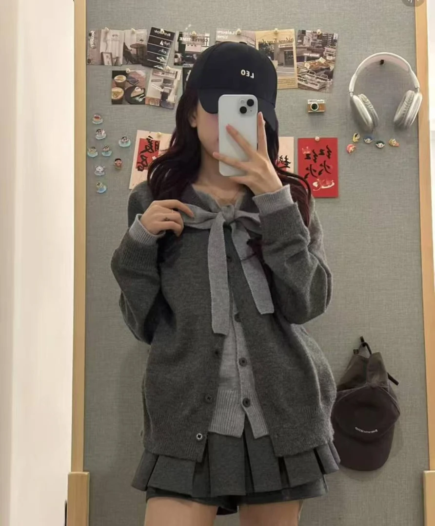 韩系学院风假两件灰色绑带针织开衫女春秋宽松慵懒风软糯毛衣外套