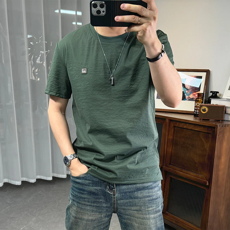 日常简约棉麻短袖T恤男夏季新款绣标青年圆领薄款修身麻料体恤潮