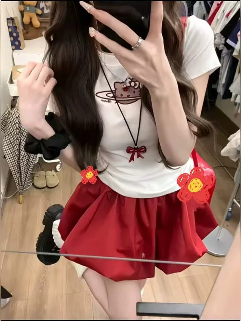 【两件套】韩系甜辣红色花苞半身裙女夏季设计感小众收腰显瘦百搭