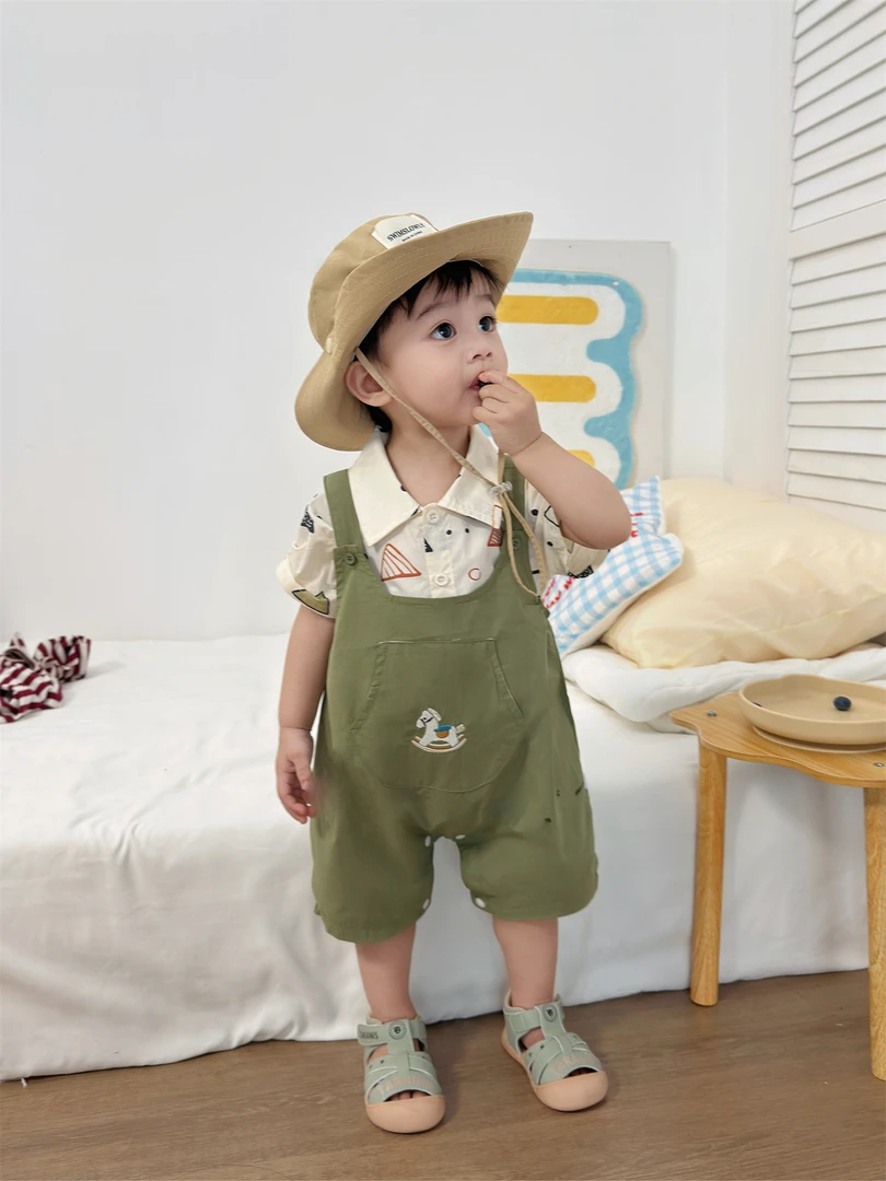 4/27【旋转木马】婴儿夏季套装新款薄款宝宝韩版背带短袖衬衫两件套