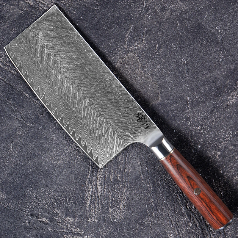 真大马士革鱼骨纹红彩木手柄中式切片10cr15mov钢芯62HRC