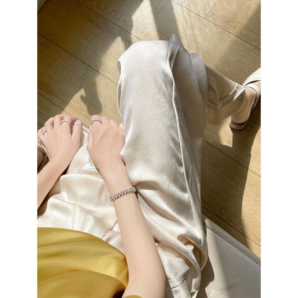 100%桑蚕丝高腰抓花直筒裤女士显瘦高垂感阔腿裤