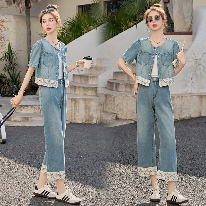 蕾丝拼接牛仔套装女2025年夏季新款休闲时尚气质减龄阔腿裤两件套