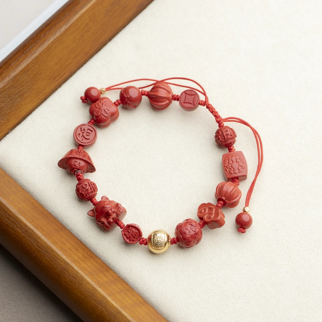 含辰砂工艺品朱砂凤九元宝福字祥云六字真言编绳单圈本命年手串
