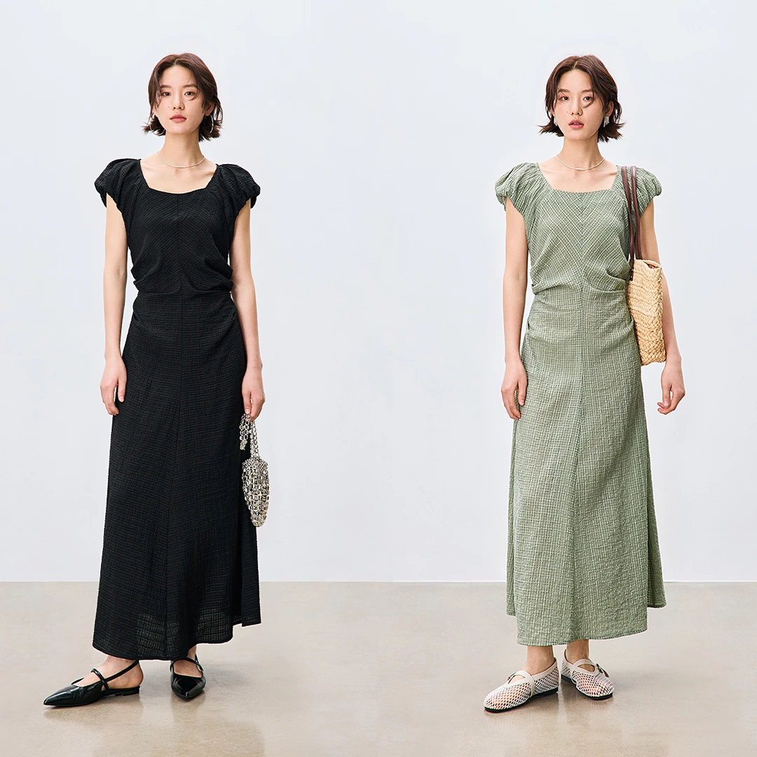 鲸乎法式高级褶皱设计无袖连衣裙女夏季新款莱赛尔小飞袖A字长裙