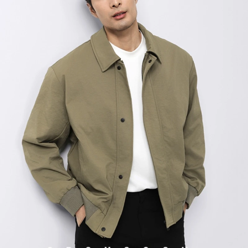 意式简约男士高档商务行政夹克免烫春季休闲时尚卡其色翻领外套