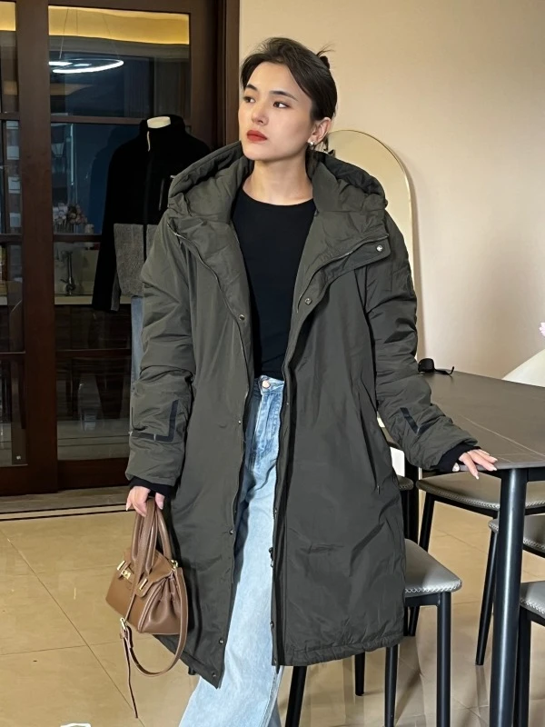 「ZJ」袖皮标长款加绒连帽外套