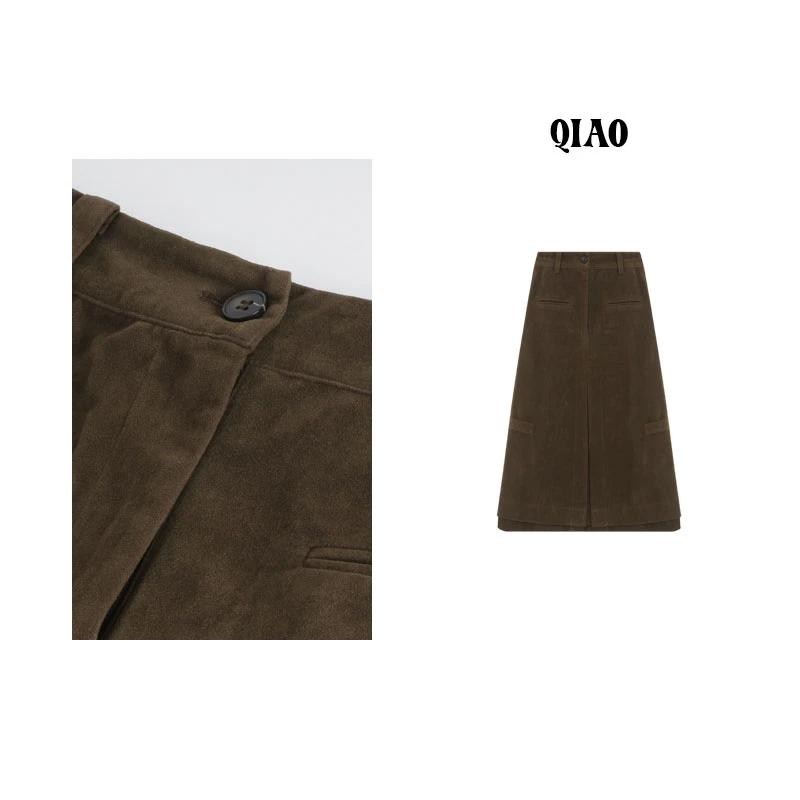 QXQT 理性消费NO退NO换「绒感咖咖」中长款复古开叉半裙T27
