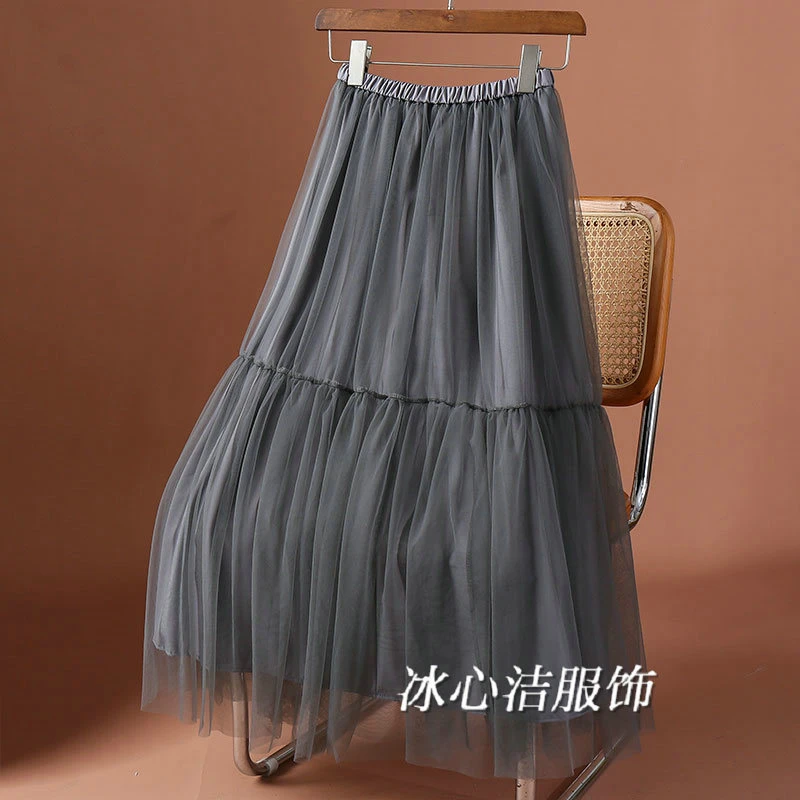 高级感灰色大摆纱裙蛋糕半身裙女夏2025秋冬新款显瘦网纱裙子长裙