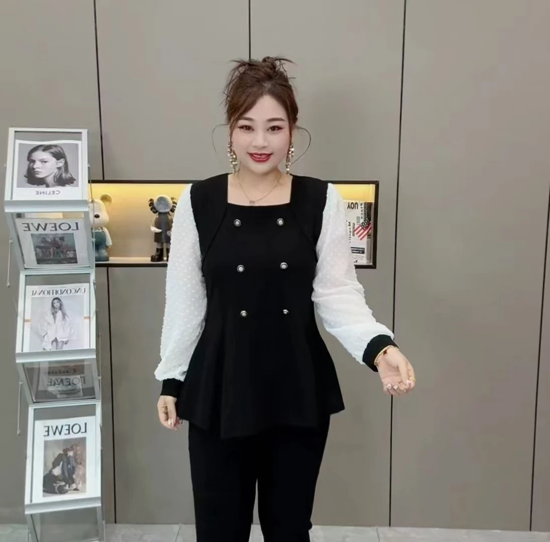 2025春季新款大码女装时尚胖妹妹方领拼接显瘦洋气百搭衬衫上衣潮