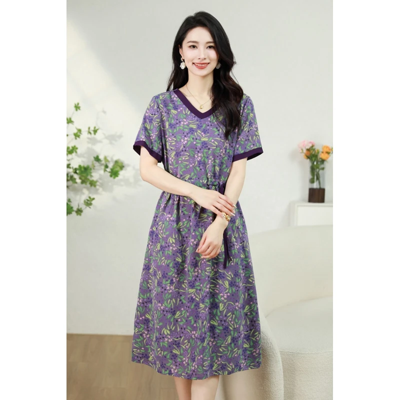 紫色薰衣草2025春夏新款 气质复古时尚休闲收腰 短袖连衣裙妈妈装
