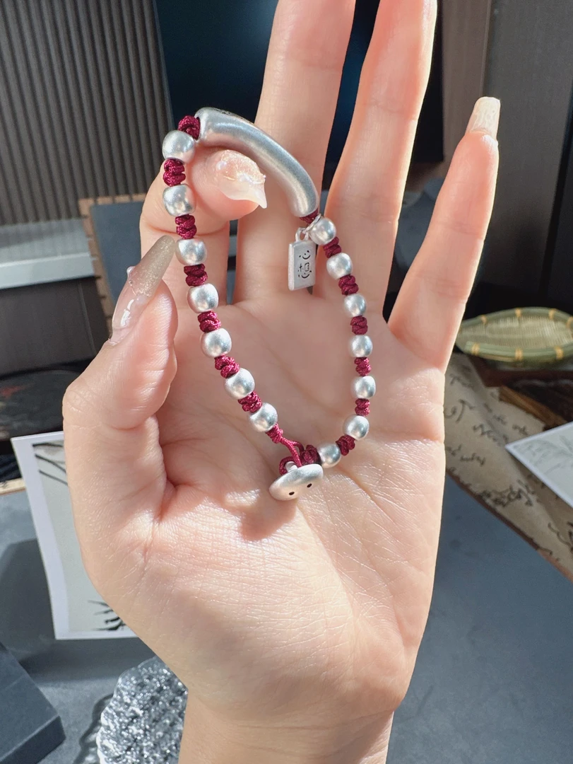 足银手链 天天开心笑口常开good luck笑脸手工编织红绳手链