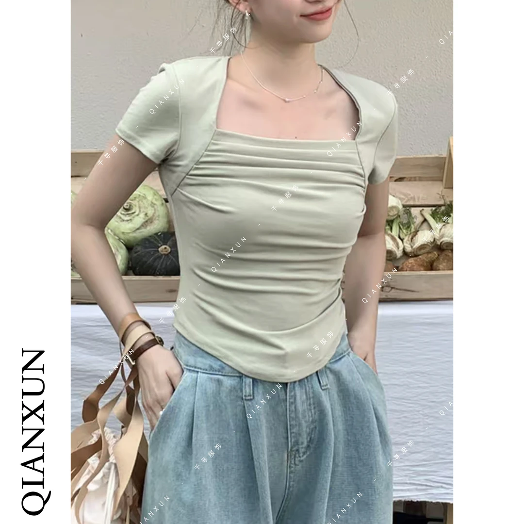 千寻家 夏季新款miu系方领露锁骨短袖t恤女夏季纯欲褶皱收腰上衣