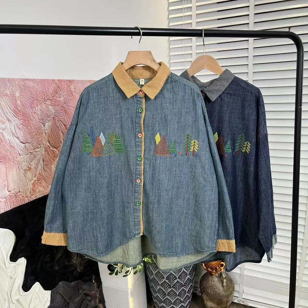 日系水洗做旧「刺绣宽松长袖」翻领牛仔衬衫女E5008