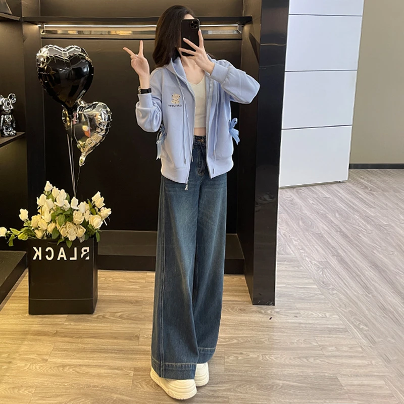 盐系甜美休闲运动套装春女新款连帽套头卫衣阔腿牛仔裤减龄两件套