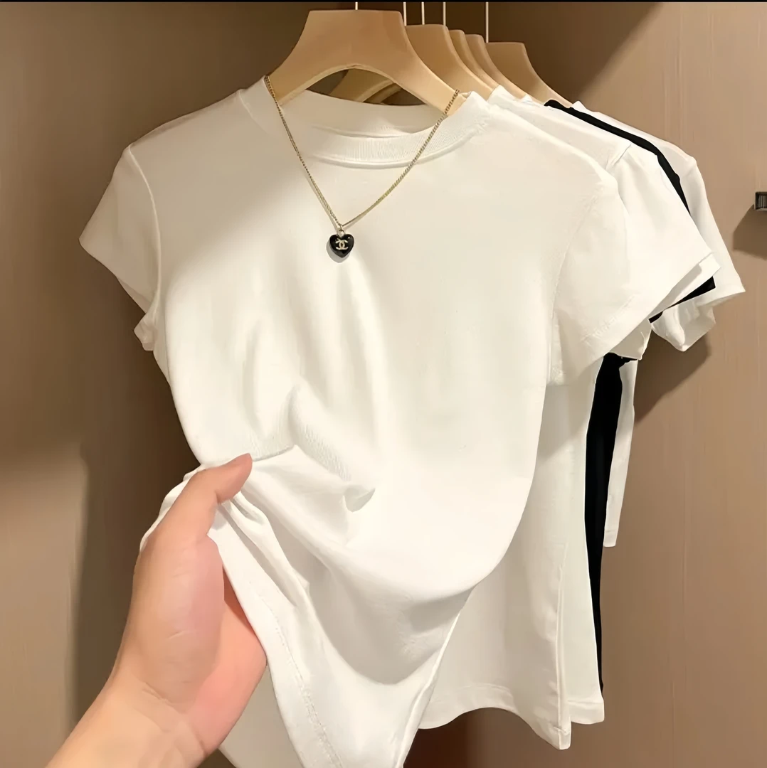 百搭圆领短袖正肩t恤女夏季辣妹2025新款修身显瘦上衣女