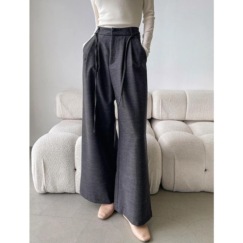 黑灰色高腰休闲长裤女春秋季2025新款宽松慵懒风显瘦直筒宽裤子