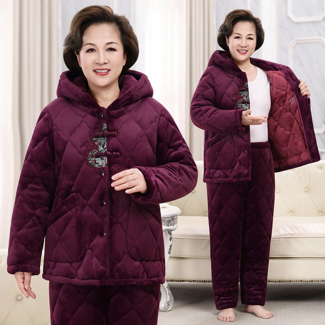 连帽冬季翻领常规款厚款父母睡衣保暖老人秋冬中年