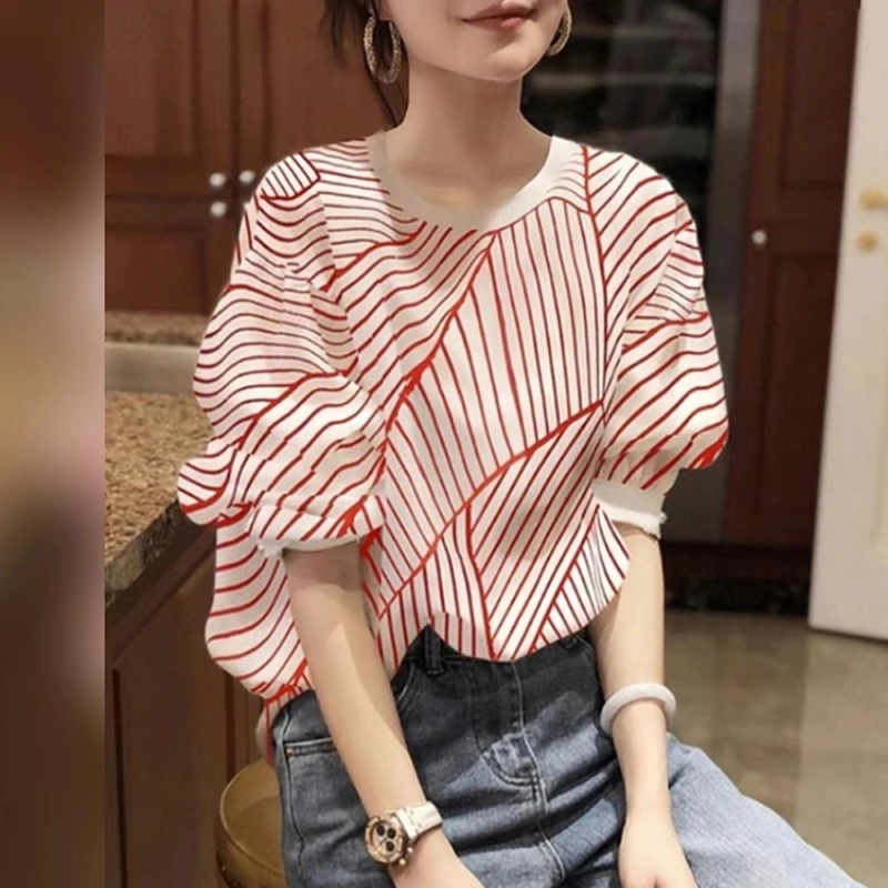 法式红色条纹泡泡袖衬衫女2025夏季时尚百搭宽松设计感上衣薄