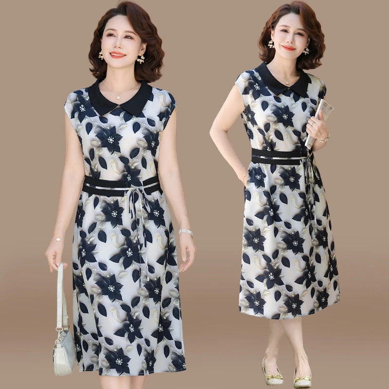 年轻妈妈夏装2025新款雪纺连衣裙中老年女装夏季端庄大气印花裙子