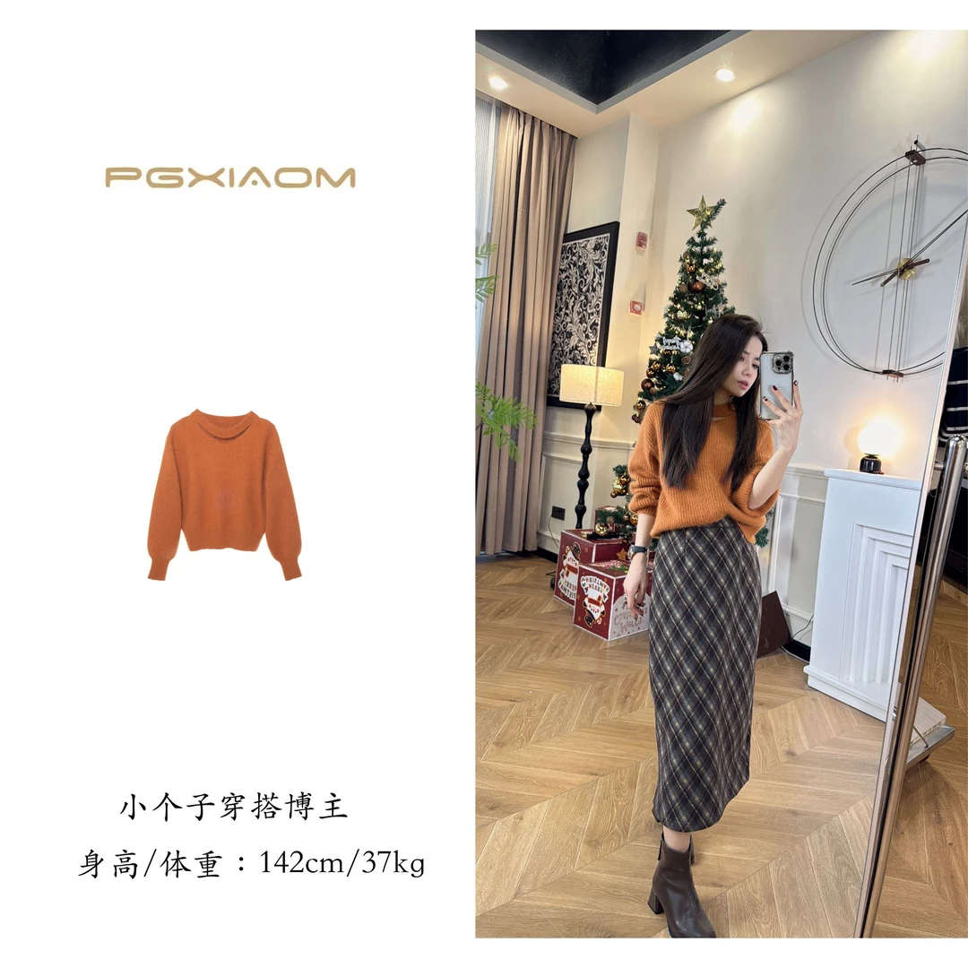 【PGXIAOM】润秀定制橘红两色圆领镂空针织毛衣MY9596