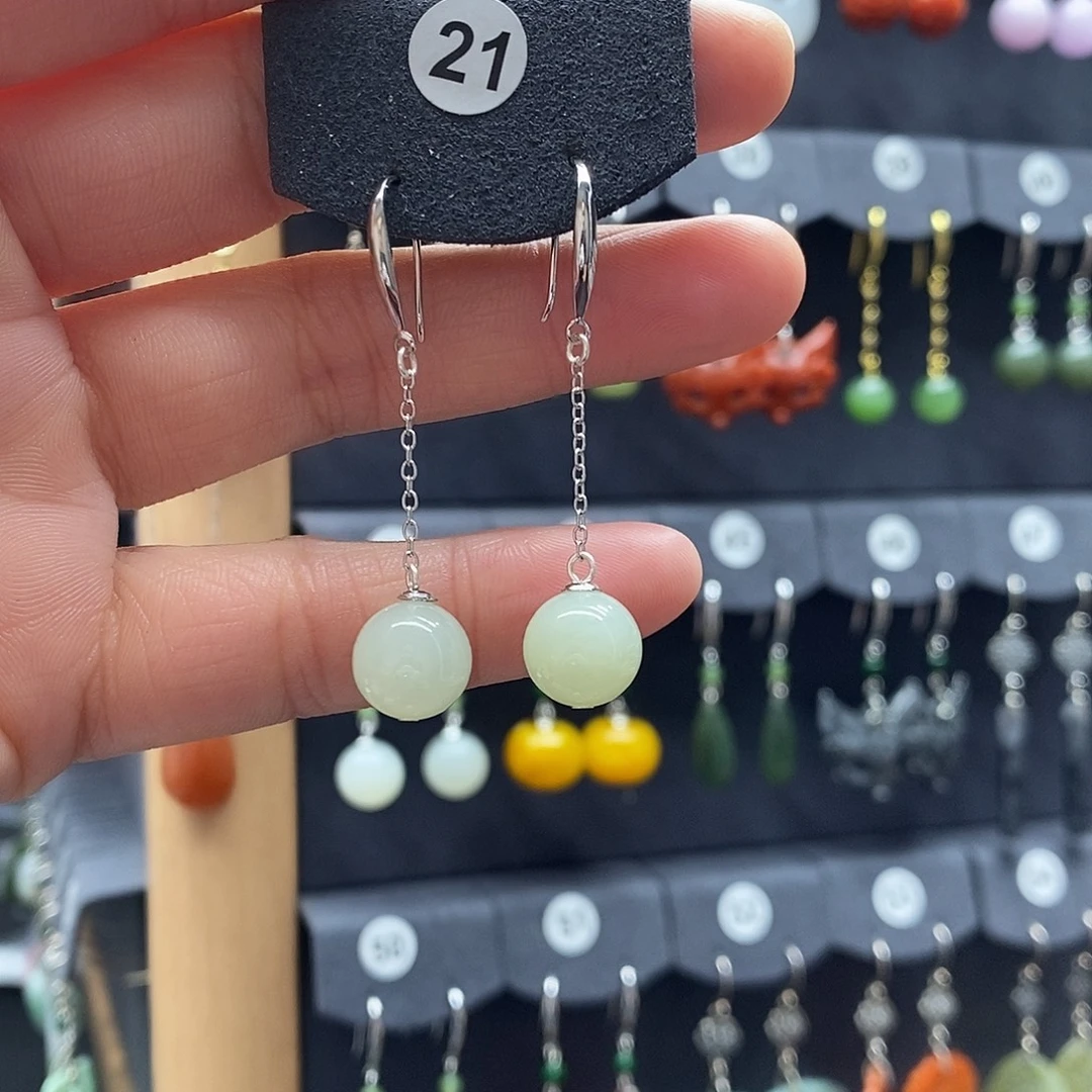 和田玉银S925镶嵌耳饰