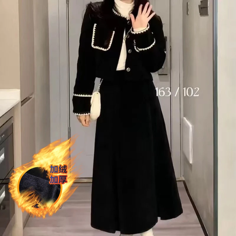 加绒学院风两件套装女春季小个子中式长袖黑色半身连衣裙显瘦洋气