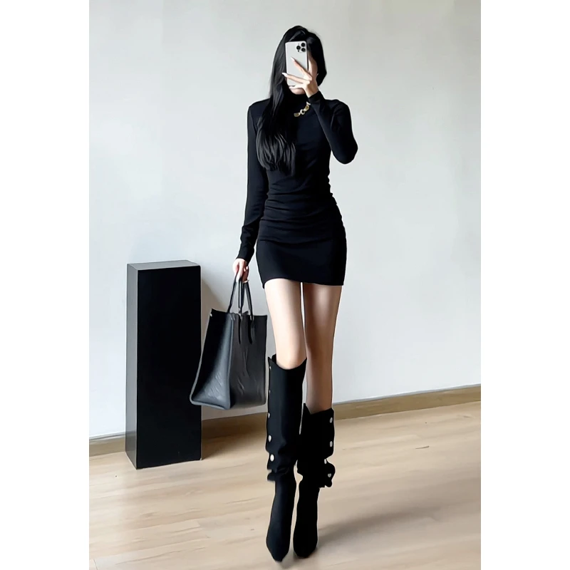 加绒气质半高领长袖捏褶连衣裙女秋冬辣妹包臀裙外穿内搭打底短裙