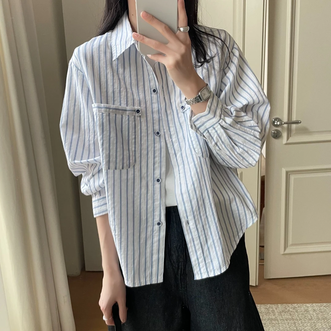 「高级感小众 双口袋」100%棉 条纹衬衫 春秋韩版宽松防嗮衬衣S051