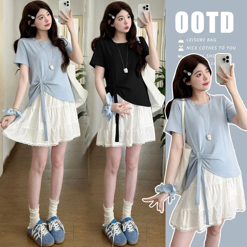 孕妇套装夏季设计感舒适短袖上衣+花边蛋糕短裙孕妈韩系两件套