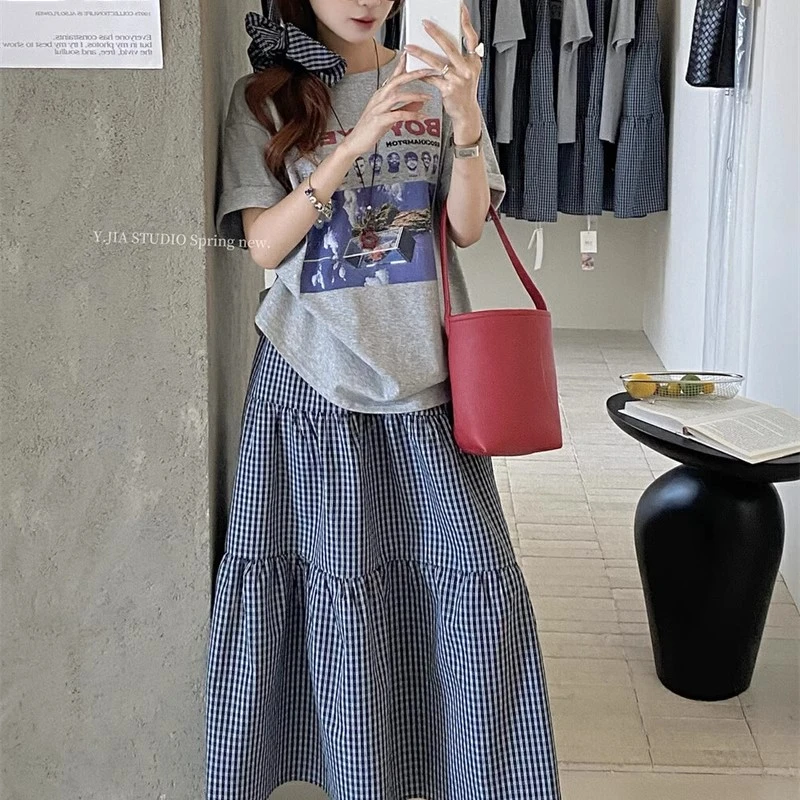 2025新款美式复古字母印花T恤女短袖上衣格子半身裙休闲两件套女