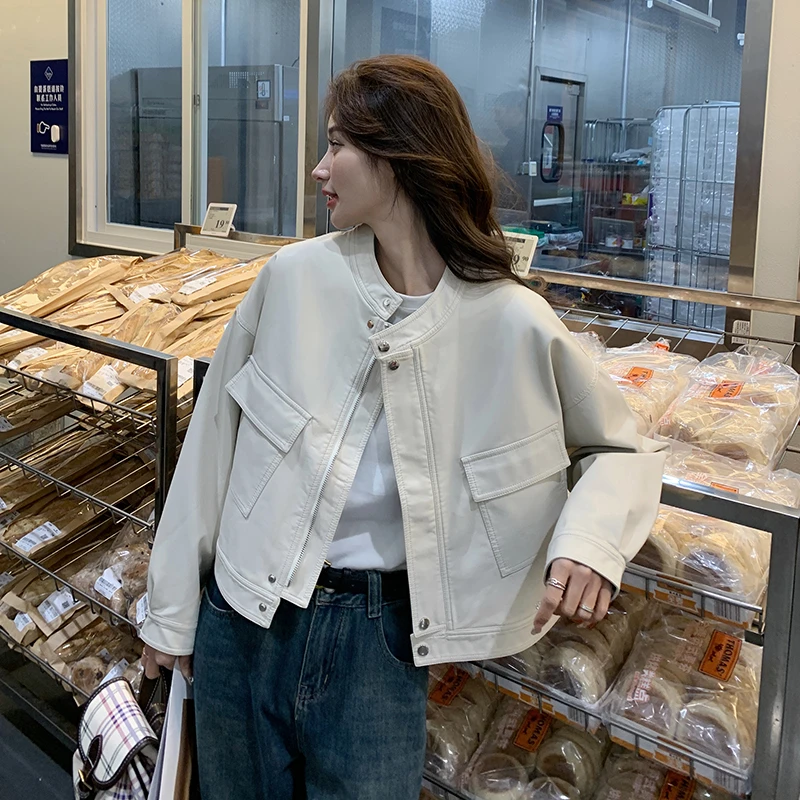 白色PU皮衣外套女短款2025秋新款韩系宽松小个子漂亮洋气机车夹克