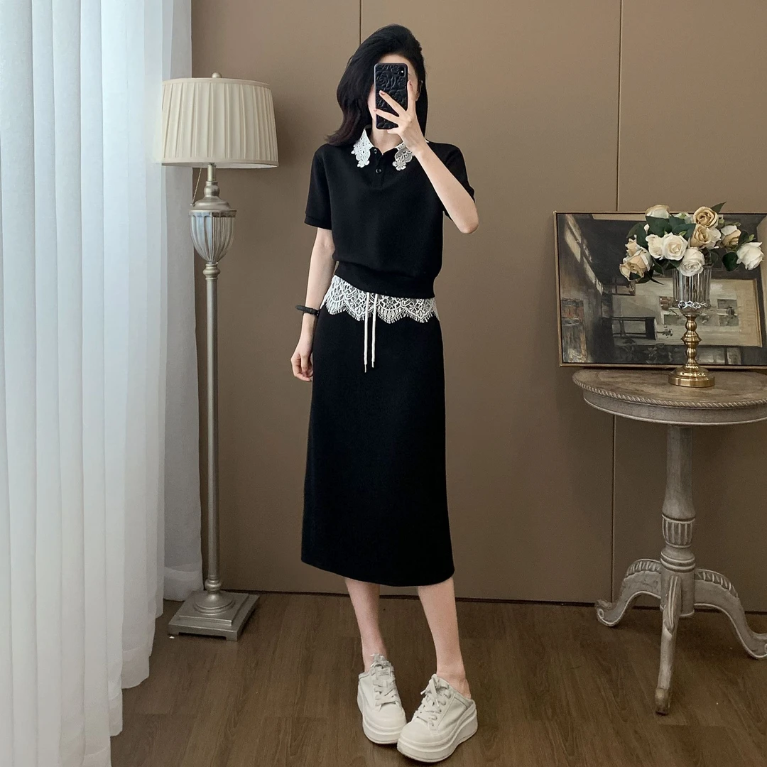 休闲套装女2025夏季新款显瘦洋气高级感蕾丝拼接短袖半身裙两件套