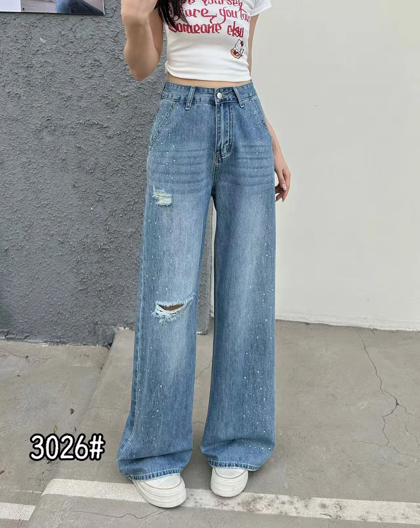 3026夏季薄款磨烂月光蓝拖地裤