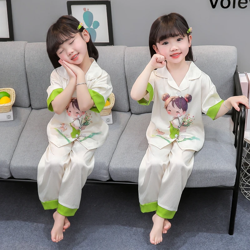 女童睡衣夏季薄款女孩宝宝冰丝空调服夏天短袖套装儿童开衫家居服
