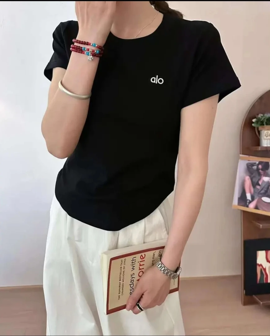 纯色alo字母短袖t恤夏季女装小众百搭半袖韩版简约休闲正肩上衣服