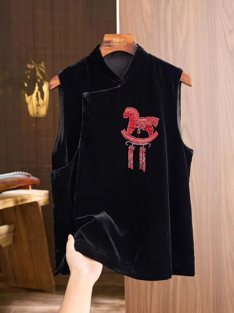 【向姐】新中式撞色串珠小马真丝丝绒立领夹棉马甲254099