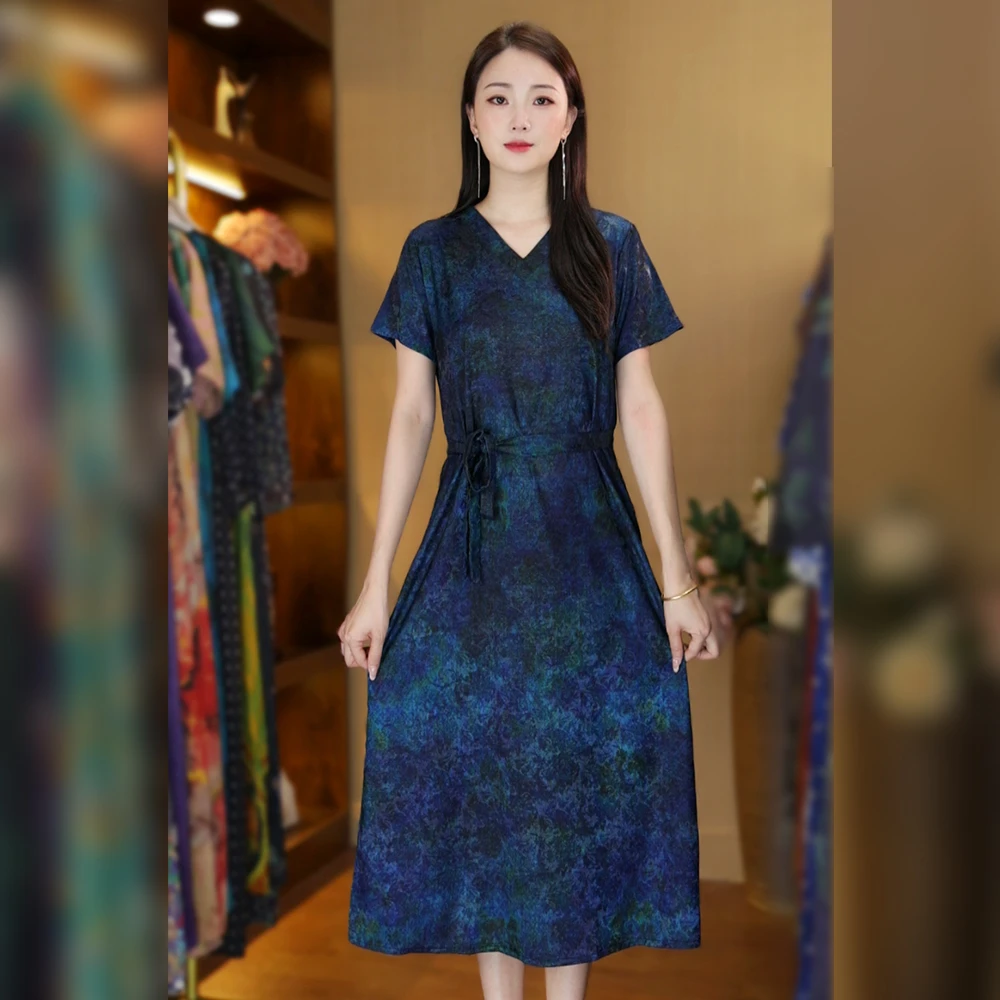 新款连衣裙深蓝闪耀短袖女中长裙